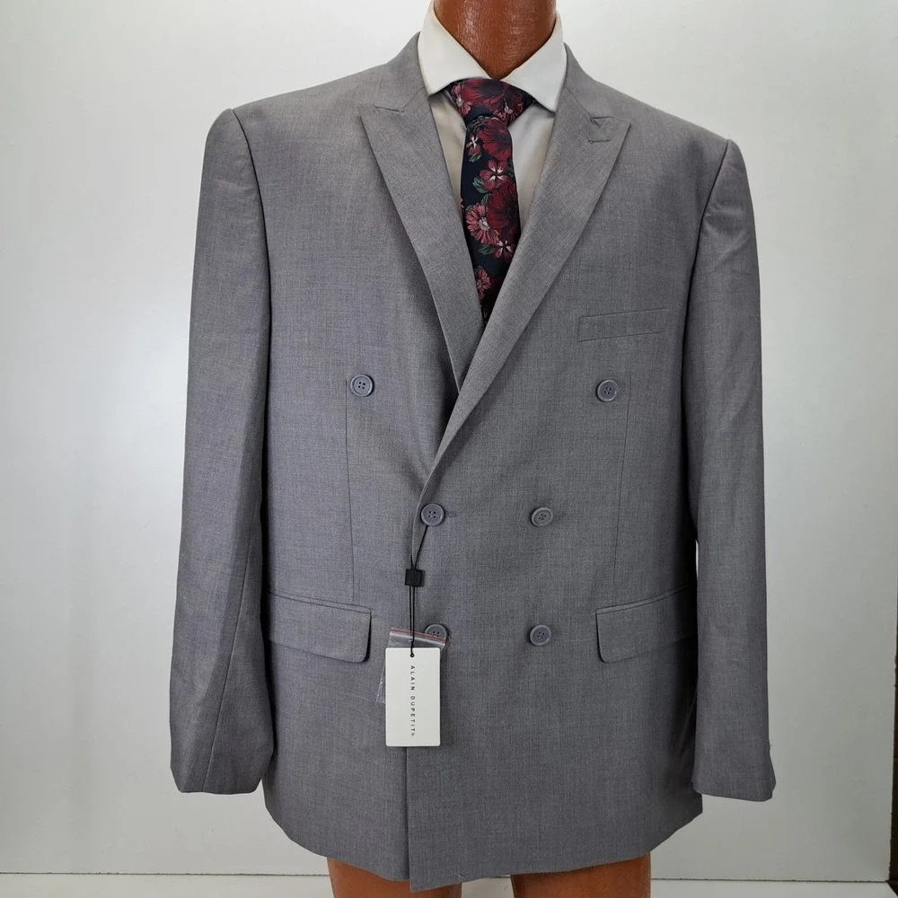 Alain Dupetit Mens 2 Piece Suit Gray Double Breasted 46R Jacket Pants 42x28